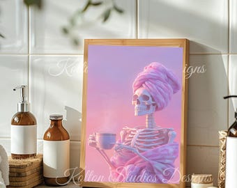 Whimsical Pink Skeleton Spa Day Art: Funny Gothic Bathroom Decor (11x14 Digital Print