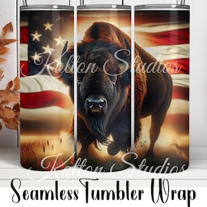 Envoltorio para vaso con bandera estadounidense y bisonte americano, búfalo patriótico (descarga digital)