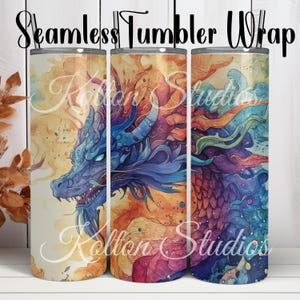 Watercolor Dragon Tumbler Wrap, Fantasy Art, Digital Download, 20oz Skinny Tumbler, Dragon Lover Gift, Sublimation Design