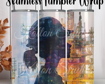 Colorful Woman Silhouette Construction Boss, 20oz Digital Seamless Sublimation Tumbler Wrap, Woman Engineering, Construction Site Boss