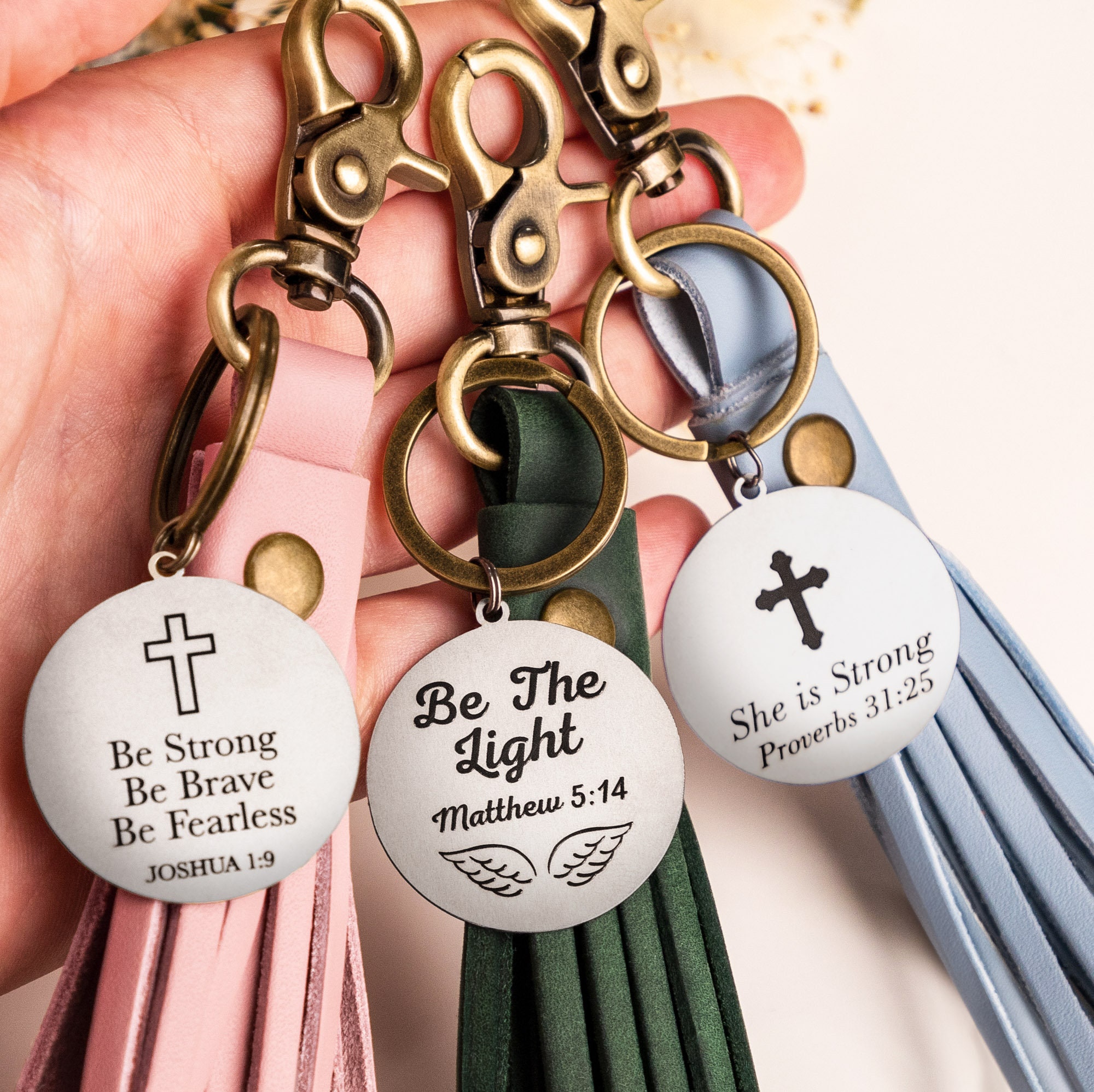 Religouse Keychains Be the Light, Leather Tassel Keychain With Personalized Tag, Religious ...