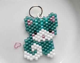 Cat pendant for your necklace, teal blue kitty cat charm hand beaded mini sitting cat for cat lovers