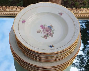 Antique KPM Copenhagen Porcelain Dinner Set – 12 Pieces – Hand-Painted Floral & Gold Trim – 1920s