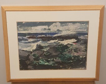 May include: An oil painting of a seascape with a wooden frame. The artwork depicts waves crashing against dark rocks under a cloudy sky. The painting uses a palette of blues, grays, and whites to capture the ocean's movement.