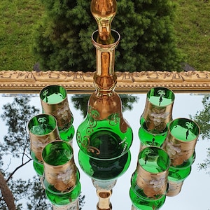 Murano Emerald Green Wine Decanter Set: Sergio Zane 24k Gold, Vintage Italian Glass