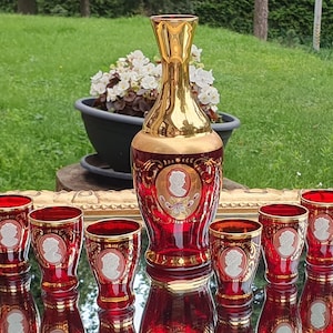 Vintage Bohemian Ruby Glass Decanter & 6 Goblets – Hand Gilded Czech Collectible Set