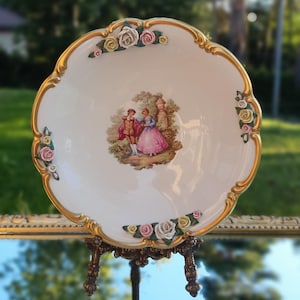Vintage Lindner Porcelain Bowl: Fragonard Scene, Rococo Roses & Gold Trim