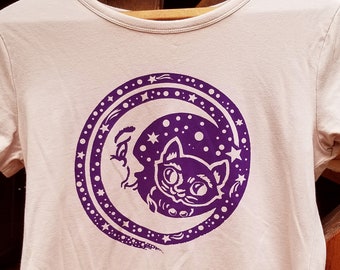 Women'/s TeenT- Shirt Black Cat Kitty Moon Stars Animal fitted tee Clothing Screen Printed Cosmic