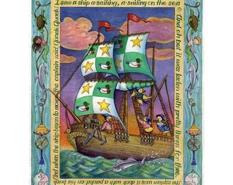 Childrens Kids Digital Wall  Art Poster Sailing Ship Print