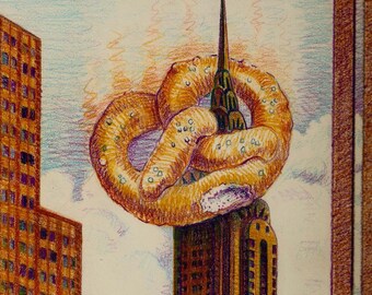 NY City Digital Art Print Illustration New York NYC Pretzel  Chrysler Building