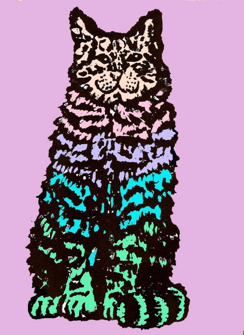 Cat Art Print colorful graphic teal image 4
