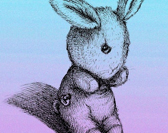 Wall Art Print Childrens Illustration Bunny Rabbit  Pen and Ink