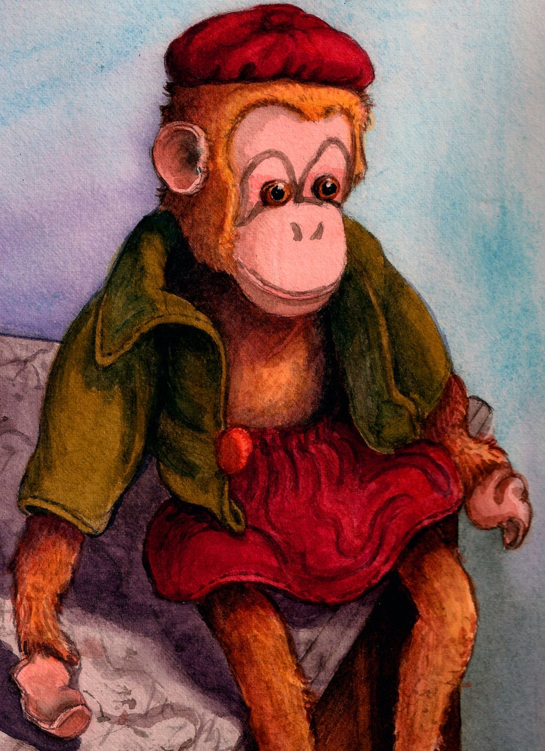 Digital Print Monkey Toy Wall Art Illustration Vintage image 2