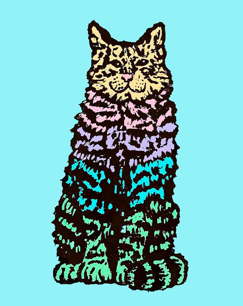 Cat Art Print colorful graphic teal image 1