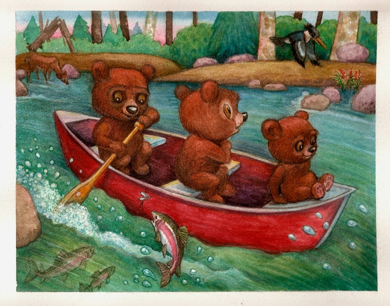 Nursery Bears Print KidsChildrens Art Digital River Forest Nature Decor image 1