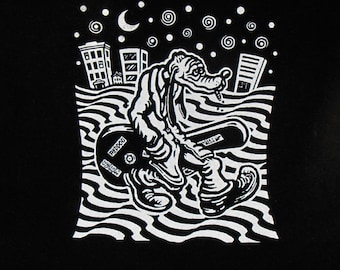 t shirt guitar playing dog musician men's psychedelic black and white