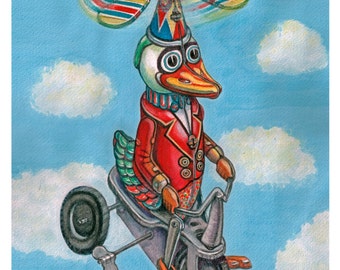 Digital Print Vintage Toy Duck Surreal Colorful Art Red