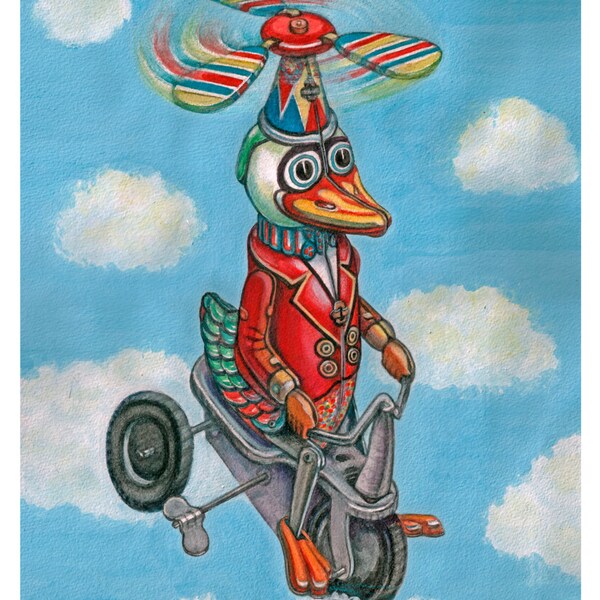 Digital Print Vintage Toy Duck Surreal Colorful Art Red