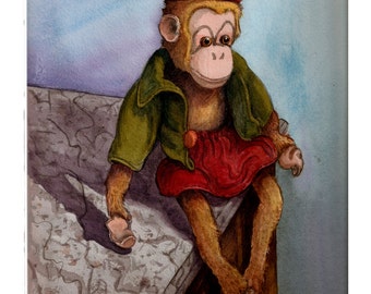 Digital Print Monkey Toy  Wall Art Illustration Vintage