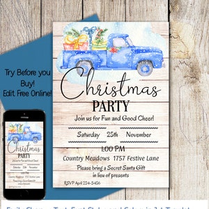 Editable Christmas Invitation Blue Truck Christmas Party - Etsy