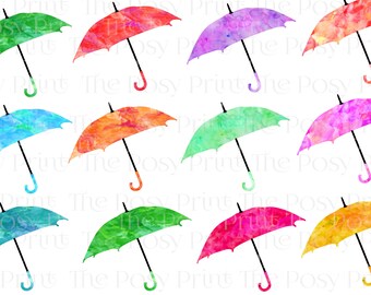 Umbrella Clipart, Watercolor Umbrella PNG , Printable Clip Art, 12 Umbrella's, 6 Inch PNG, Commercial Use, Instant Download