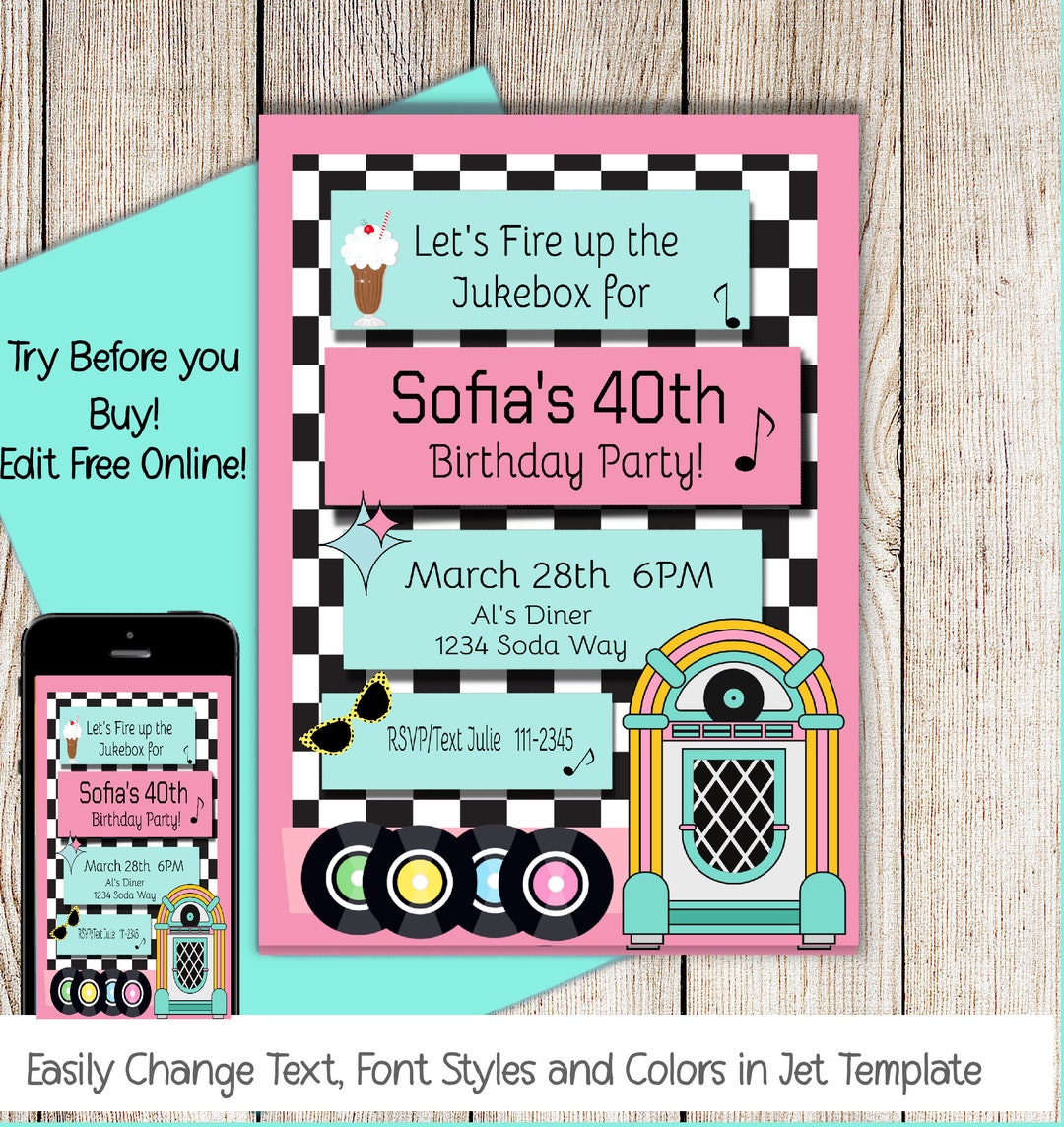 50's Birthday Invitation, Jukebox, Sock Hop Invite, Diner Birthday ...