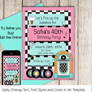 50's Birthday Invitation, Jukebox, Sock Hop Invite, Diner Birthday ...