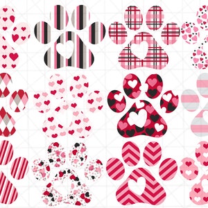 Valentine Paw Print, Heart Clipart, Valentine Patterns, Printable Clip Art, 12 Paw Print, 6 Inch, Commercial Use, Instant Download