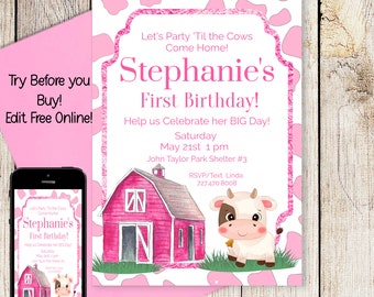 First Birthday, Cow Birthday Invitation, Cow Birthday Party, Farm Invite, 5x7 Editable Invite, Printable Download