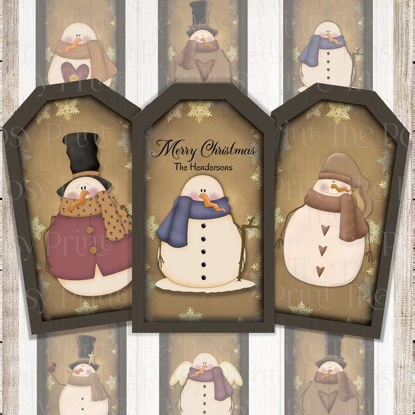 Snowman Tags, Primitive Tags, Edit Online, Prim Snowman Tags, Holiday Tags, Favor Tags, 2" x 3.50" tags, Instant Download