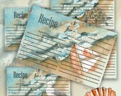 Beach Recipe Cards, Seashore Cards, Turtle Recipe Cards, 4x6 Printable Recipe Cards, Vintage Look, 4 Recipe Card Set, Instant Download
