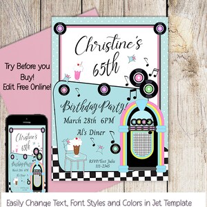 50's Birthday Invitation, Jukebox, Sock Hop Invite, Diner Birthday ...