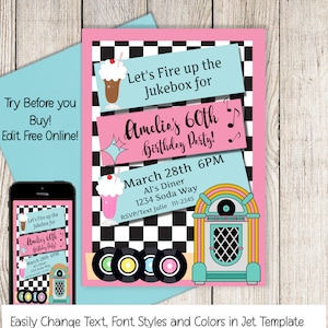 50's Birthday Invitation, Jukebox, Sock Hop Invite, Diner Birthday Party, 5x7 Editable Online, Birthday Invite, Printable Download