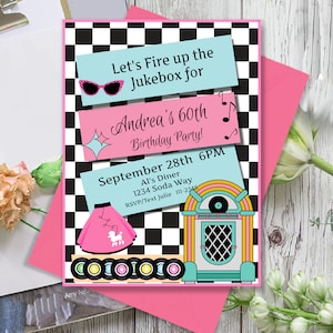 50's Birthday Invitation, Jukebox, Sock Hop Invite, Diner Birthday Party, 5x7 Editable Online, Birthday Invite, Printable Download