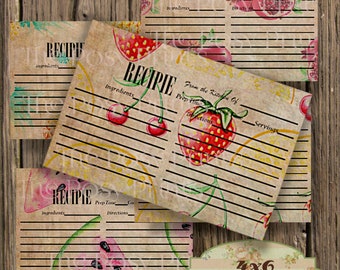 Fruit Recipe Cards, 4x6 Printable Recipe Cards, Vintage Style, 4 Recipe Card Set, Food Cards, Strawberry Cards, Pineapples, Instant Download