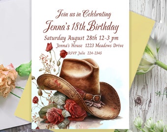 Editable Southwestern Cowgirl Birthday, Roses and Cowgirl Hat, Editable Invite, 5x7 Editable Party Invite, Printable