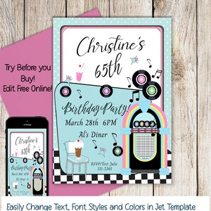 50's Birthday Invitation Jukebox Sock Hop Invite Diner | Etsy