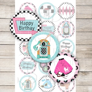 Peut inclure: Une feuille de 12 toppers ronds pour cupcakes sur le thème des années 1950. Les toppers présentent des images d'un juke-box, d'une jupe à poodle, d'un diner et les mots "Happy Birthday".