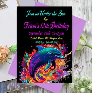 Delphin-Geburtstagseinladung, Neon Delphin einladen, Strandparty, Neonparty, jedes Alter, 5 x 7 bearbeitbare Geburtstagseinladung, druckbare