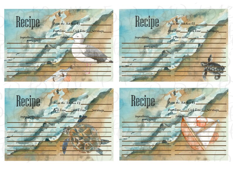 Recipe Card Fish Beach Recipe Cards, Seashore Cards, Turtle Recipe Cards, 4x6 Printable ...