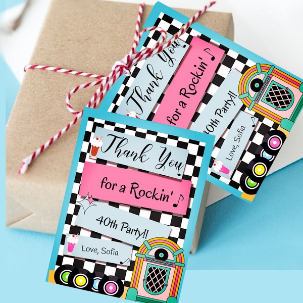 50's Birthday Thank You Tags, Jukebox, Sock Hop Birthday Favor Tags, 2x3 Inch AND 3x4 Inch, Editable Online, Printable Download