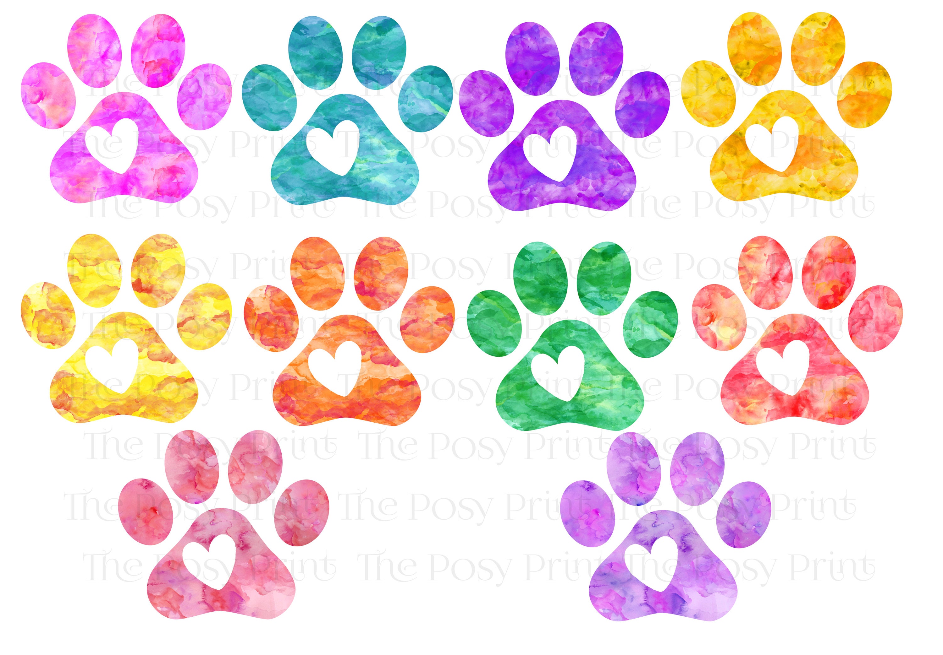 Paw Print Watercolor Clipart Heart Clip Art Printable - Etsy