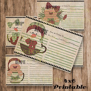 Holiday Recipe Cards, 4x6 Printable Recipe Cards, Vintage Style, 4 Recipe Card Set, Snowmen Cards, Gingerbread Cards, Instant Download