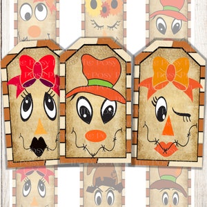 Scarecrow Faces, Scarecrow Tags, Autumn Tags, Halloween, Holiday Tags, Favor Tags, Instant Download Printable Digital Tag