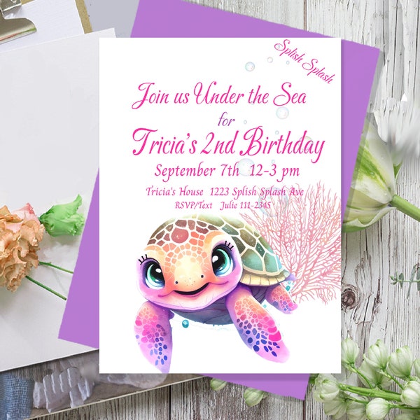 Editable Turtle Birthday Invitation, 2nd Birthday, Under The Sea, Any Age, Pastels, 5x7 Editable Birthday Invite, Printable Download