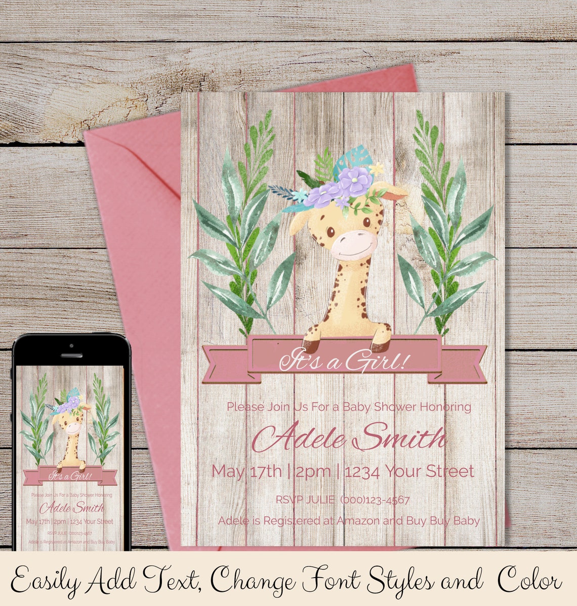 Giraffe Baby Shower Invitation Editable Template Jungle | Etsy