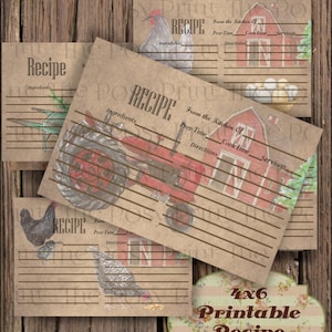 Schede di ricette per la fattoria, schede di ricette per la campagna, schede di ricette stampabili 4x6, campagna acquerellata, aspetto vintage, set di 4 schede di ricette, download immediato