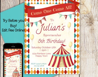 Circus Birthday Invitation, Editable Carnival Invite, 5x7 Editable Birthday Invite, Printable Download