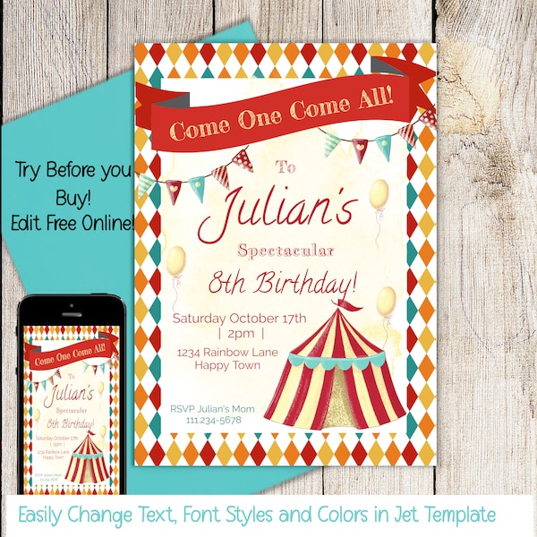 Circus Birthday Invitation, Editable Carnival Invite, 5x7 Editable Birthday Invite, Printable Download