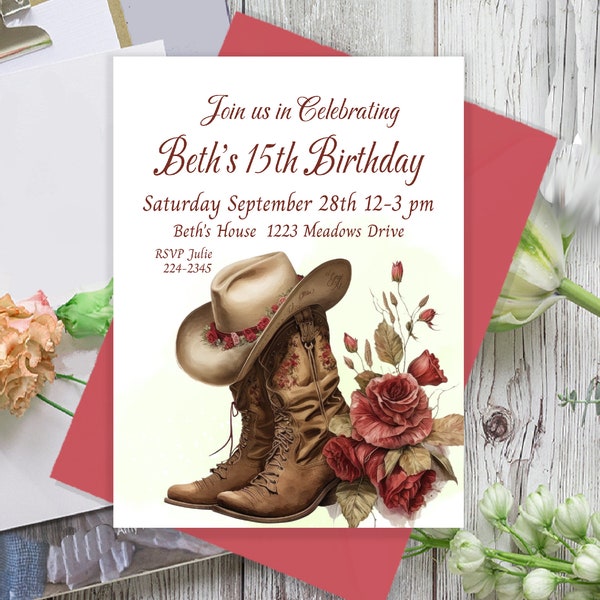 Country Western Birthday Invite, Cowboy Boots, Roses Invite, 15th Birthday, Editable Invite, 5x7 Editable Party Invite, Any Age, Printable
